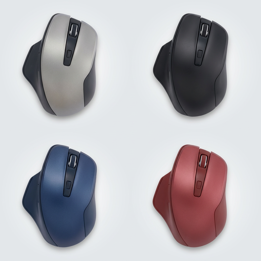 Four top-down views of the Verbatim Silent Ergo Wrls Blue LED Mouse, showing the available color variants: graphite, black, blue, and red, arranged in a 2x2 grid.