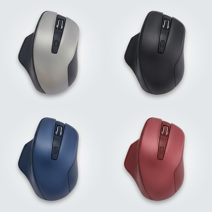 Four top-down views of the Verbatim Silent Ergo Wrls Blue LED Mouse, showing the available color variants: graphite, black, blue, and red, arranged in a 2x2 grid.