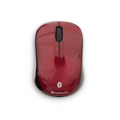 A top-down hero shot of the glossy garnet red Verbatim Bluetooth Wireless LED Mouse, centered on a pure white background. The mouse features a black scroll wheel and white Bluetooth and Verbatim logos.