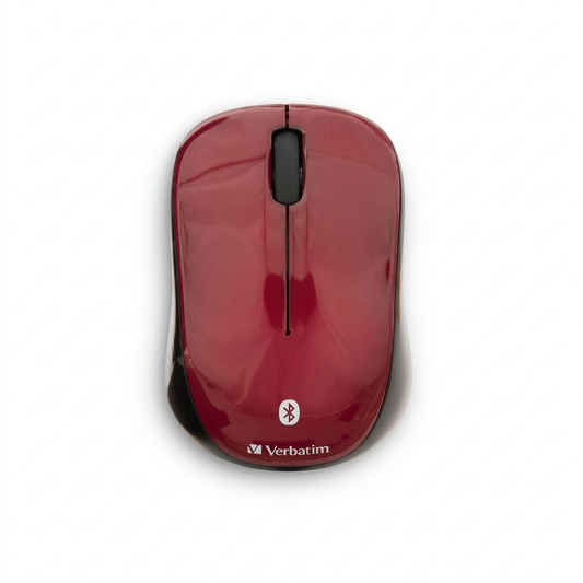 A top-down hero shot of the glossy garnet red Verbatim Bluetooth Wireless LED Mouse, centered on a pure white background. The mouse features a black scroll wheel and white Bluetooth and Verbatim logos.