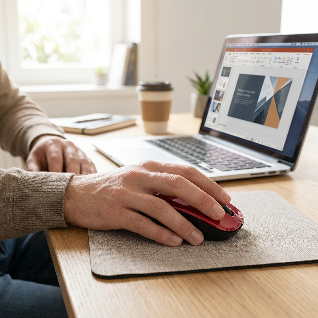 A person's hand uses the red Verbatim wireless mouse on a mousepad next to an open laptop in a bright home office.