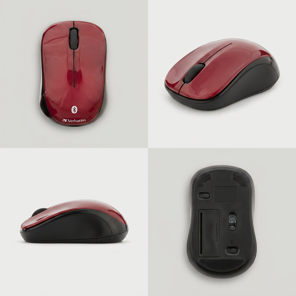 Verbatim Bluetooth Wireless LED Mouse in Garnet red, presented in a 2x2 grid showing the top, front-right, left-side, and bottom views.