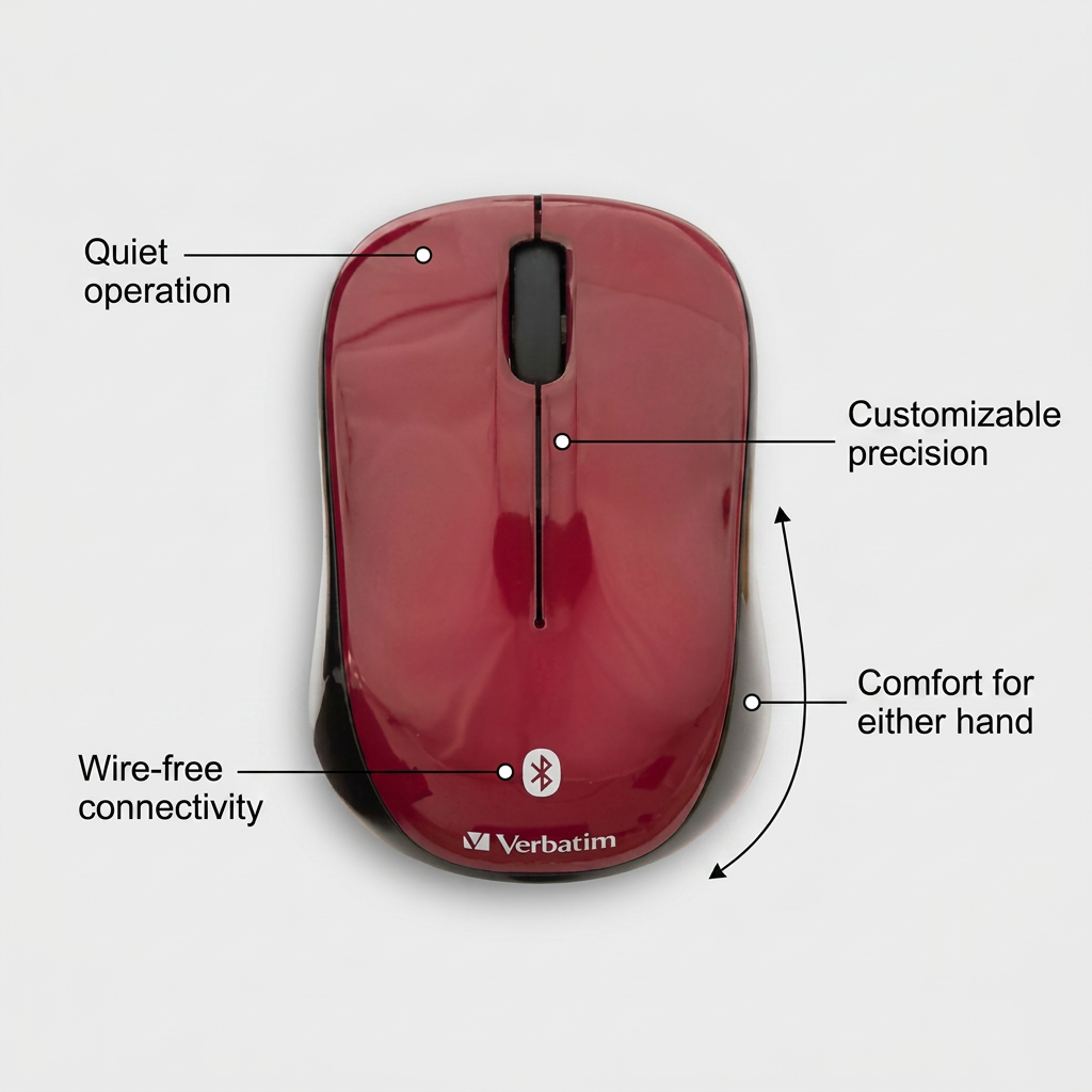 An operational feature callout graphic for the Verbatim garnet Bluetooth mouse, with clean pointers and labels for 'Quiet operation,' 'Customizable precision,' 'Wire-free connectivity,' and 'Comfort for either hand.'