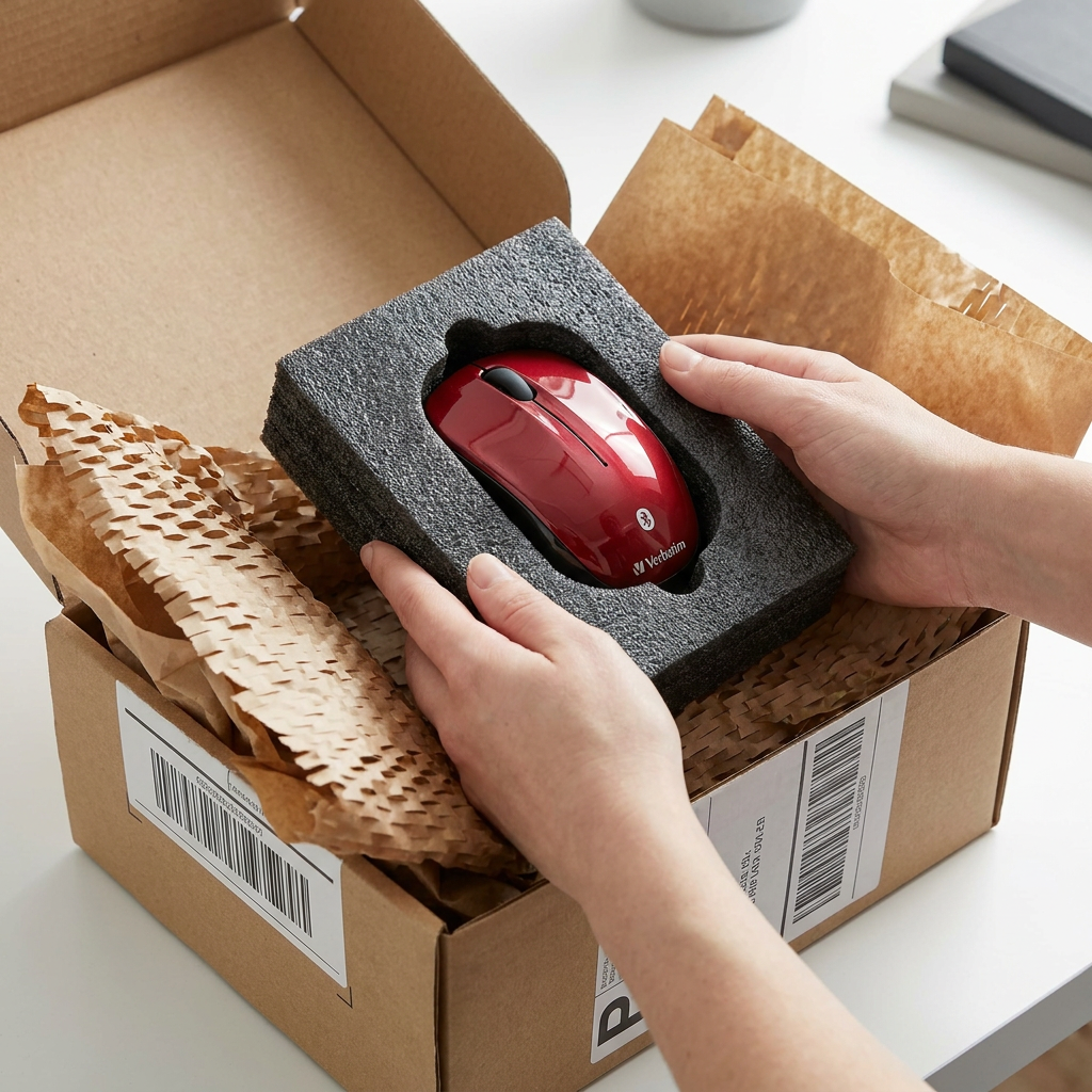 A pair of hands lifts the red Verbatim wireless mouse, securely nestled in custom-fit black foam, from a shipping box filled with protective brown crinkle paper, conveying a premium and safe delivery.