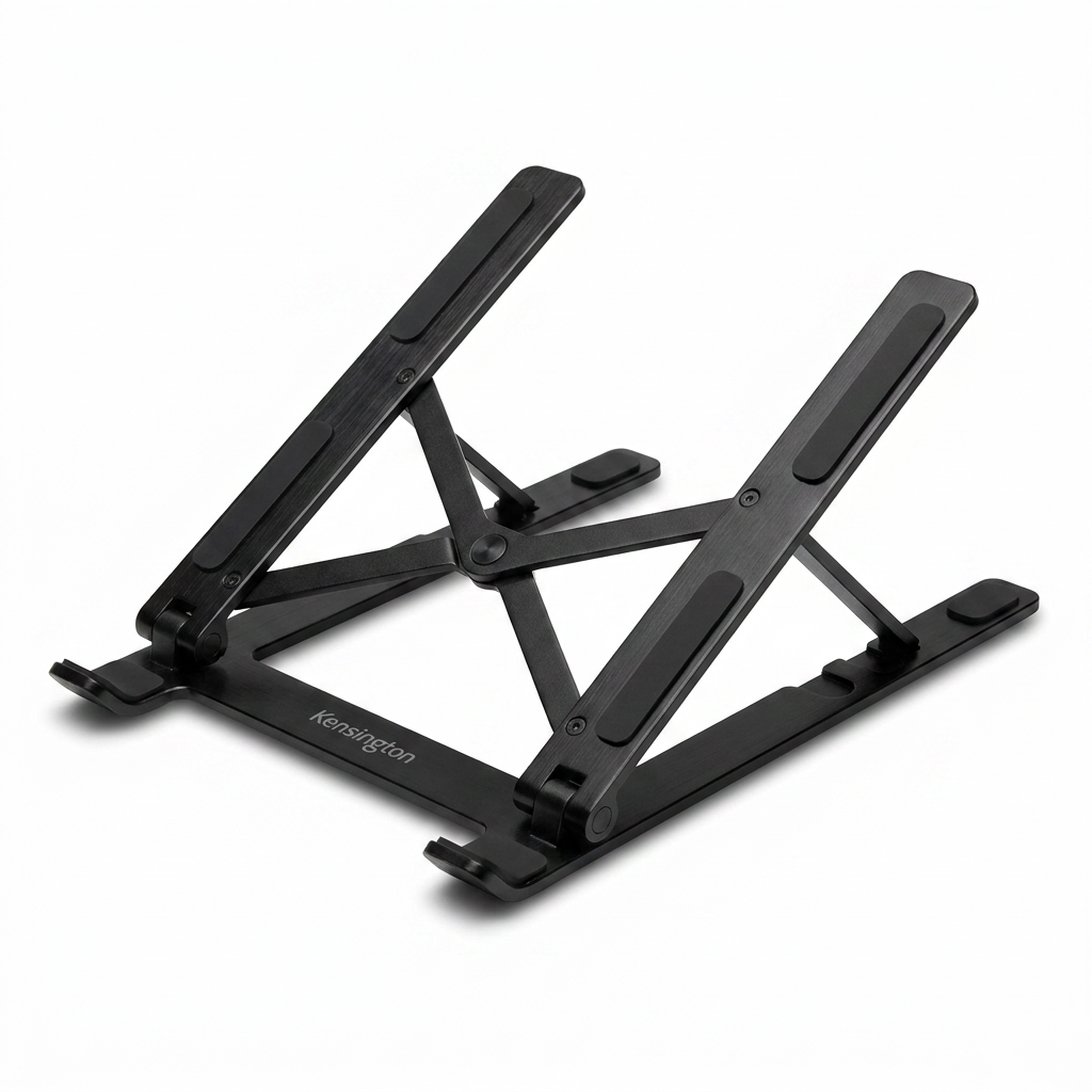 A high-resolution product shot of the black Kensington Collapsible Aluminum Laptop Riser (K50406WW) with its logo visible on the side, centered on a pure white background with a clean shadow.