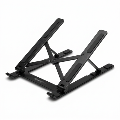 A high-resolution product shot of the black Kensington Collapsible Aluminum Laptop Riser (K50406WW) with its logo visible on the side, centered on a pure white background with a clean shadow.