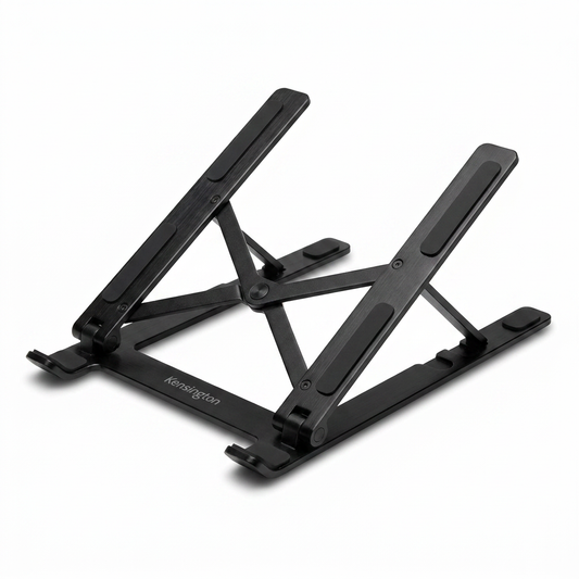 A high-resolution product shot of the black Kensington Collapsible Aluminum Laptop Riser (K50406WW) with its logo visible on the side, centered on a pure white background with a clean shadow.