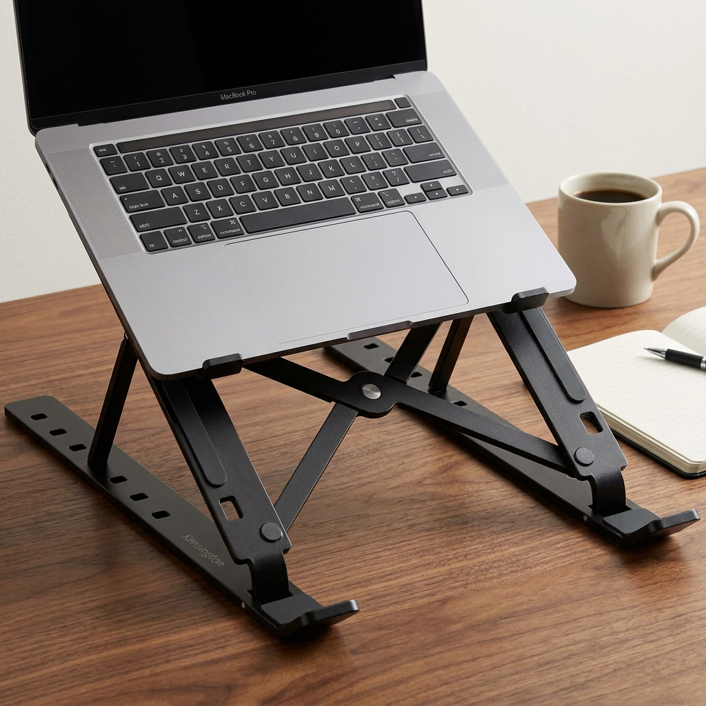 Kensington Collapsible Aluminum Laptop Riser (K50406WW) holding a laptop on a wood desk next to a coffee mug and notebook, showing product scale.