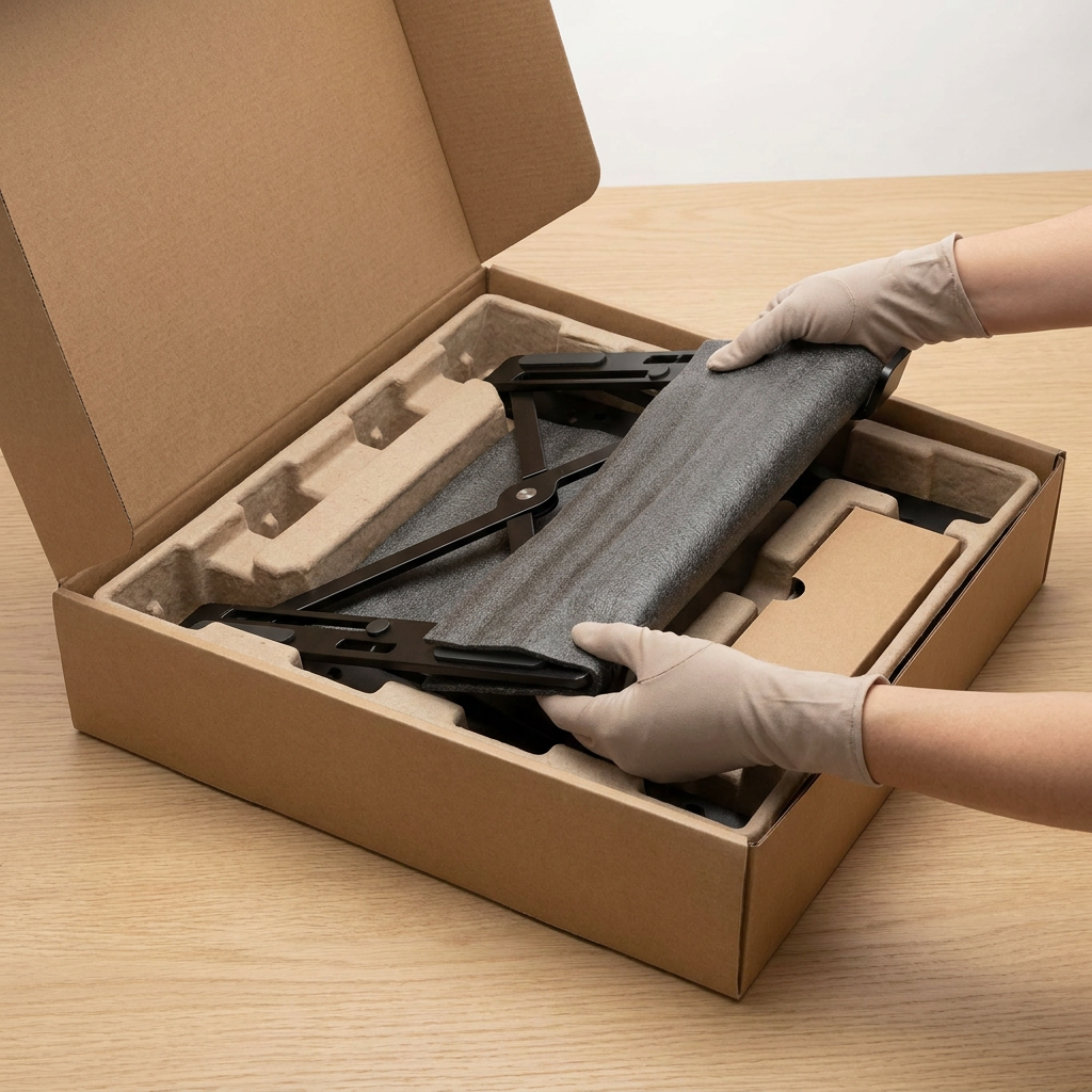 Hands wearing protective gloves carefully removing the black Kensington laptop riser from its secure cardboard and molded pulp packaging.