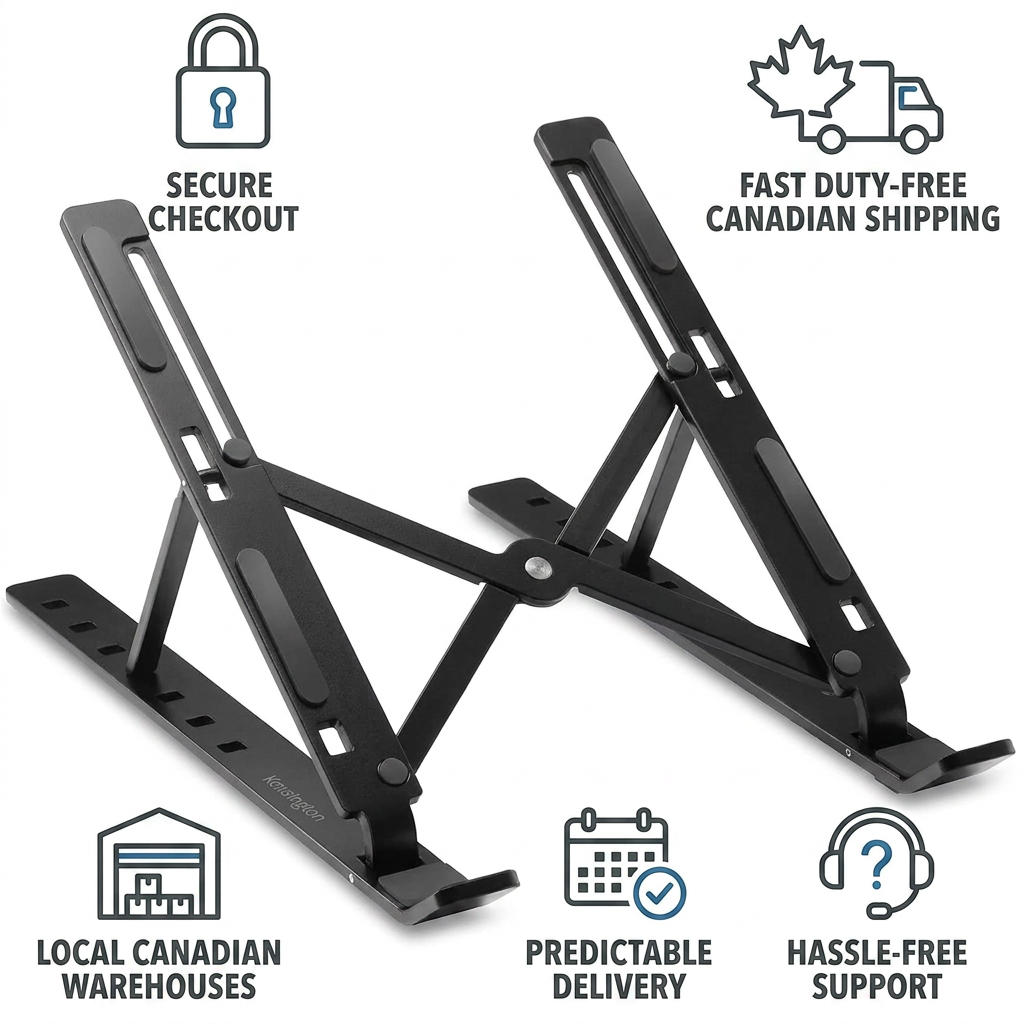 A clean e-commerce product page graphic with the Kensington laptop riser as the central focus. Around the product are five icons with short text, indicating 'Secure Checkout', 'Fast Duty-Free Canadian Shipping', 'Local Canadian Warehouses', 'Predictable Delivery', and 'Hassle-Free Support'. The background is white.