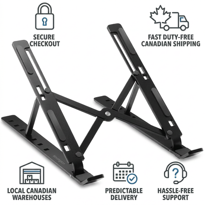 A clean e-commerce product page graphic with the Kensington laptop riser as the central focus. Around the product are five icons with short text, indicating 'Secure Checkout', 'Fast Duty-Free Canadian Shipping', 'Local Canadian Warehouses', 'Predictable Delivery', and 'Hassle-Free Support'. The background is white.