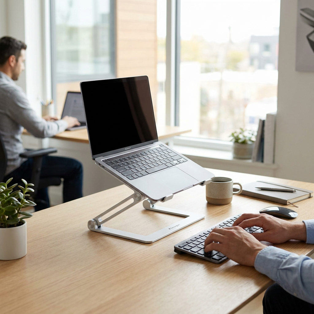 A person with a laptop supported by a silver aluminum Kensington laptop riser, typing on a keyboard in a brightly lit modern office, with another person working in the background.
