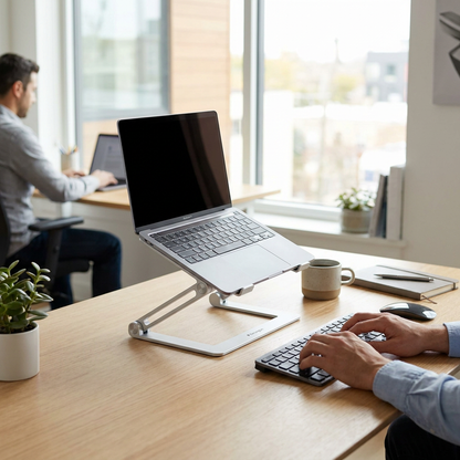 A person with a laptop supported by a silver aluminum Kensington laptop riser, typing on a keyboard in a brightly lit modern office, with another person working in the background.