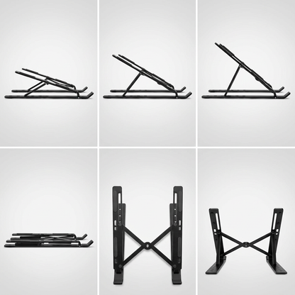 A premium six-panel grid visual matrix showing the Kensington Collapsible Aluminum Laptop Riser (K50406WW) in multiple configurations. The top row displays three height levels, from low to high. The bottom row shows the riser folded flat, from a top-down view, and from a rear view, demonstrating its portability and structure. The background is a clean, neutral light gray.