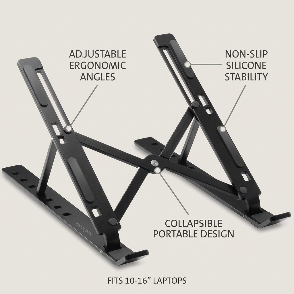 Kensington collapsible aluminum laptop riser operational feature graphic with three pointer callouts: adjustable ergonomic angles, non-slip silicone stability, and collapsible portable design. Below, fits 10-16” laptops.