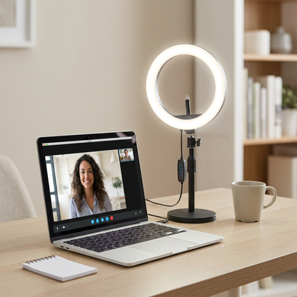 The Kensington 10-inch ring light is shown on a desk next to a laptop, providing a clear sense of its actual size in a functional home office setting.