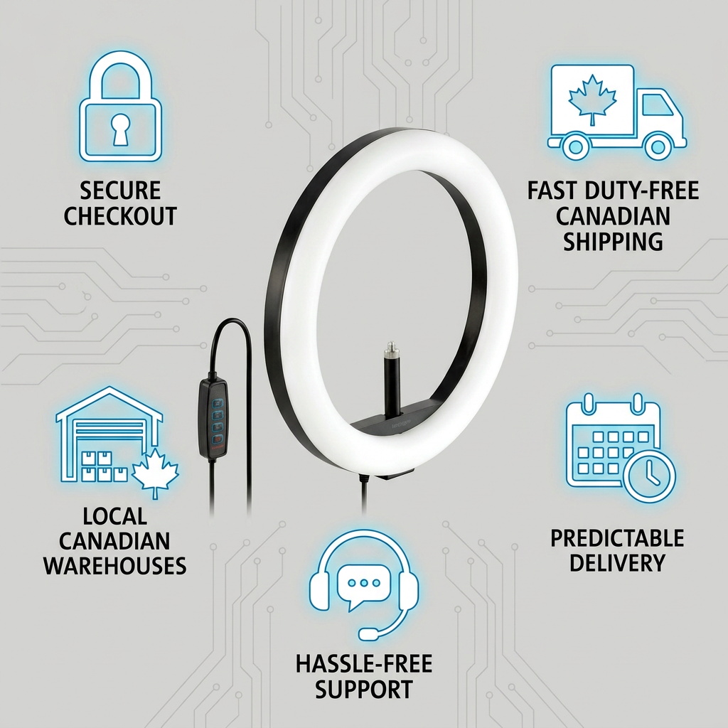 Kensington ring light with five trust cues: secure checkout, fast Canadian shipping, local warehouses, predictable delivery, and support.