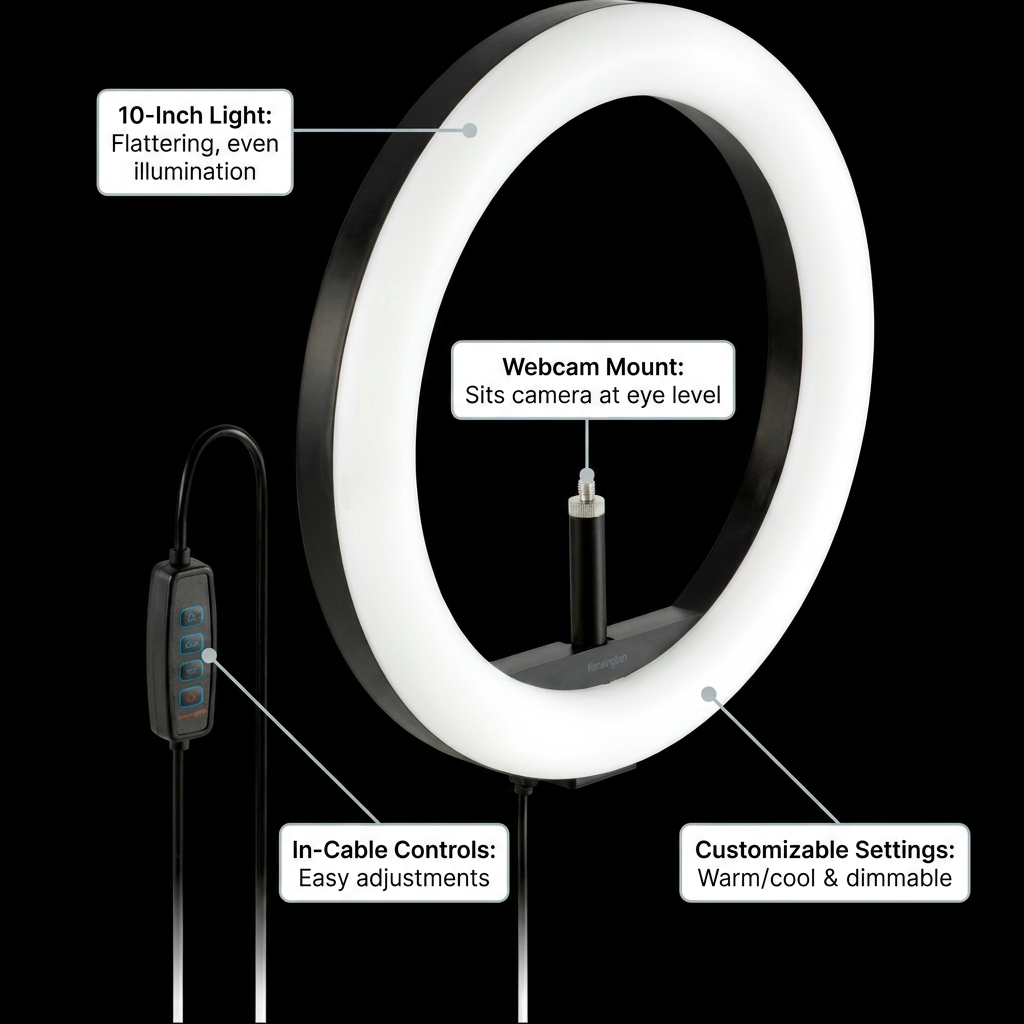 Feature callout graphic for the Kensington RING LIGHT 10IN USB, showing its key operational features and benefits: a 10-inch light for flattering illumination, a webcam mount to position the camera at eye level, in-cable controls for easy adjustments, and customizable settings for warm/cool and dimmable light.