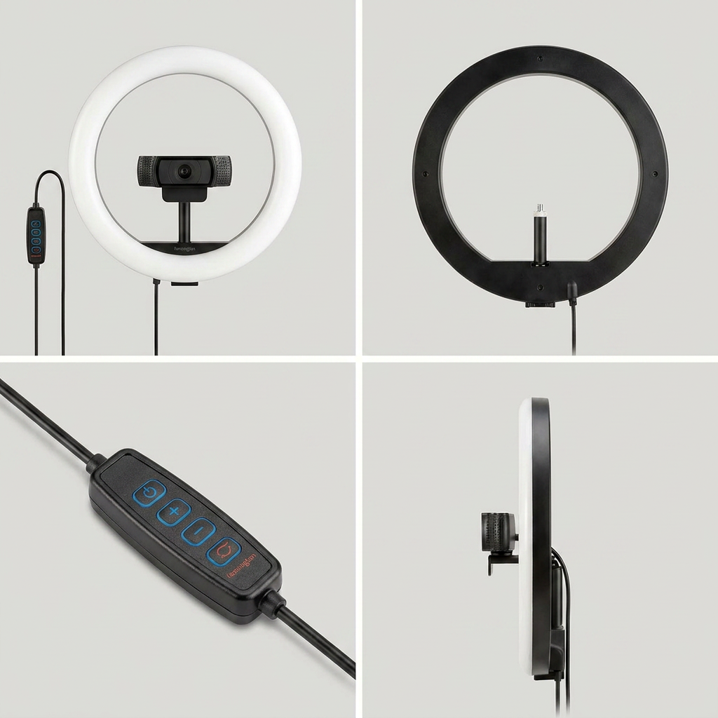 A four-panel grid showing the Kensington ring light from different angles: front with webcam, back, close-up of remote, and side profile.