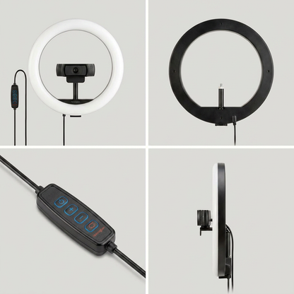 A four-panel grid showing the Kensington ring light from different angles: front with webcam, back, close-up of remote, and side profile.