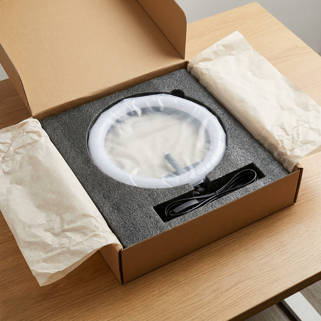 Kensington Ring Light 10In with USB controller, securely packaged in foam and protective wrapping inside a sturdy cardboard box.