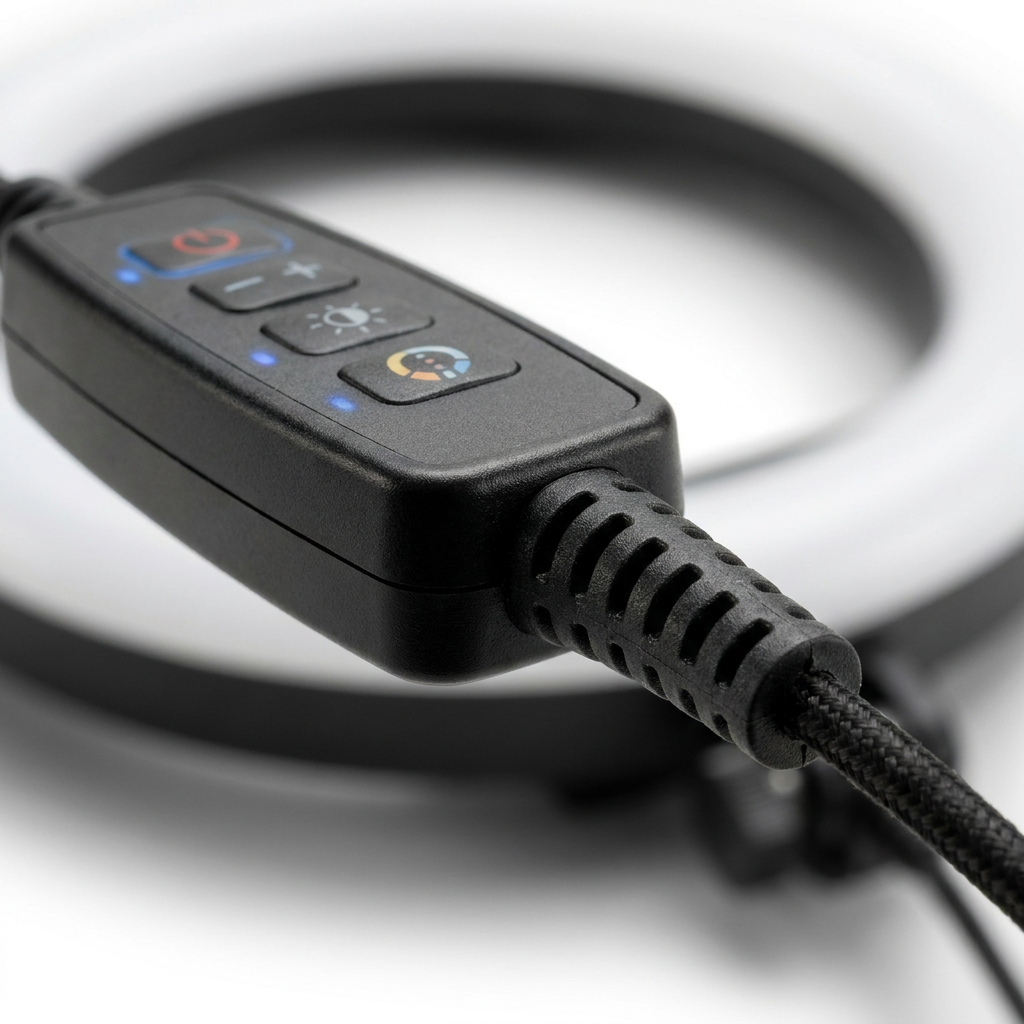 Detail shot shows the in-line control and braided USB cable of the Kensington Ring Light, highlighting material quality.