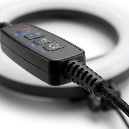 Detail shot shows the in-line control and braided USB cable of the Kensington Ring Light, highlighting material quality.