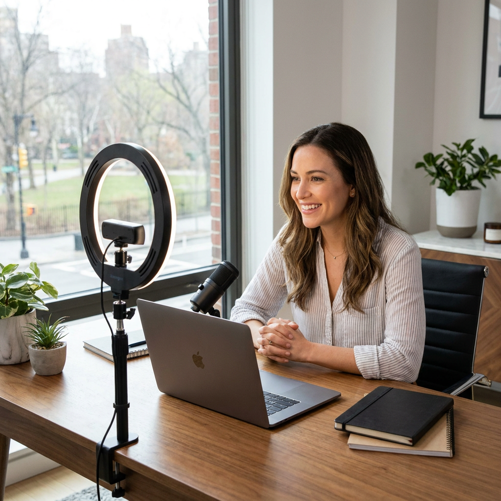 A woman in a bright home office uses the Kensington Ring Light 10IN USB 960LM with a webcam for a video call. The light is attached to a desk clamp and illuminates her as she looks at a laptop.