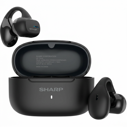 A high-resolution hero shot of the black SHARP HP-TW45-BK open-ear earbuds and charging case on a pure white background.