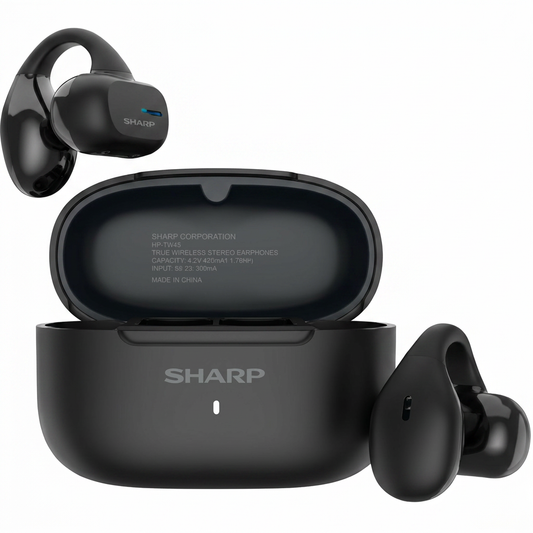 A high-resolution hero shot of the black SHARP HP-TW45-BK open-ear earbuds and charging case on a pure white background.