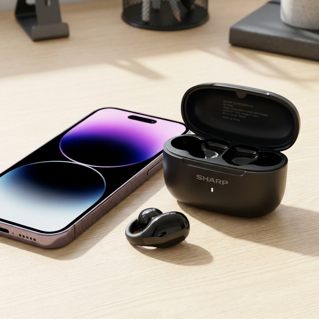 Sharp HP-TW45-BK earclip open-ear earbuds and charging case next to a smartphone on a desk to show scale.