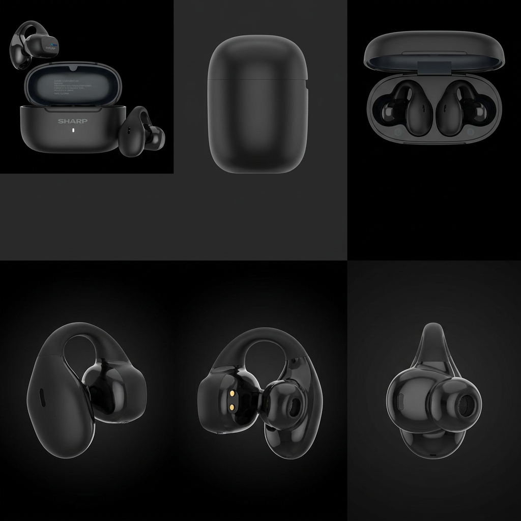 A six-panel grid showing the black SHARP HP-TW45-BK earbuds with views of the open and closed case, and close-ups of the earbuds.