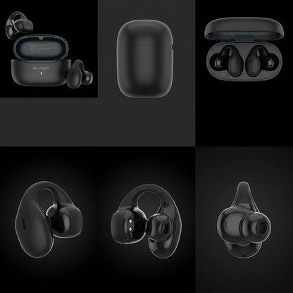 A six-panel grid showing the black SHARP HP-TW45-BK earbuds with views of the open and closed case, and close-ups of the earbuds.