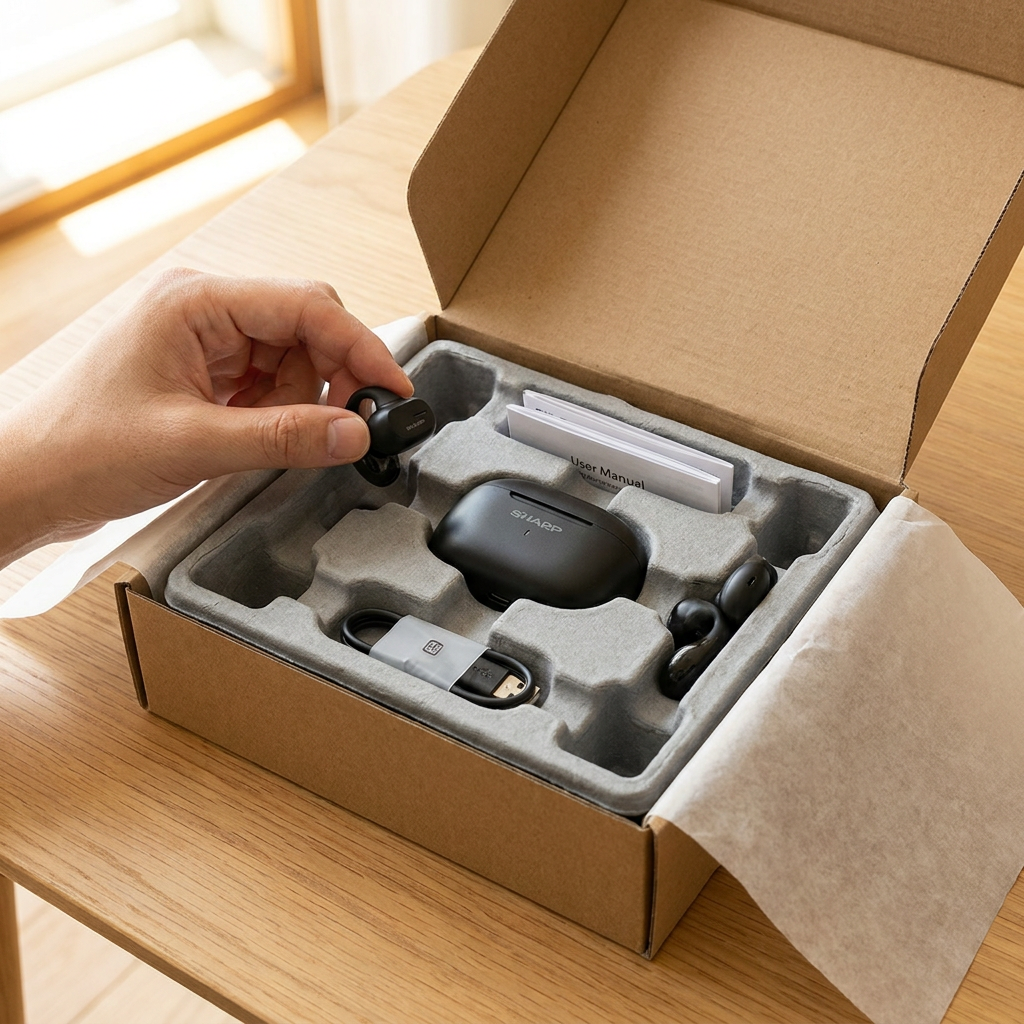 Hand removing one of the black Sharp HP-TW45-BK Open-Ear True Wireless Earbuds from its secure custom-molded grey pulp tray within a neutral protective cardboard shipping box.