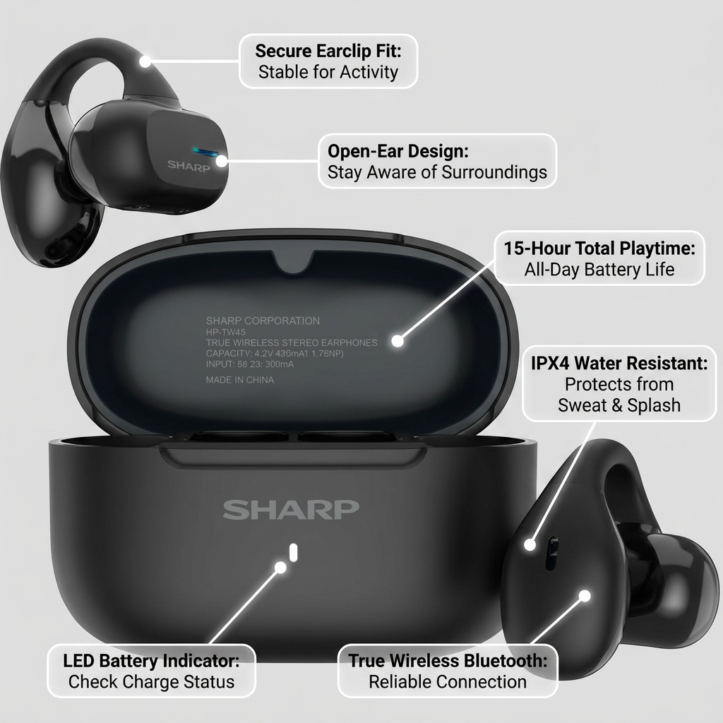 Infographic highlighting key features and benefits of the Sharp HP-TW45-BK open-ear wireless earbuds.