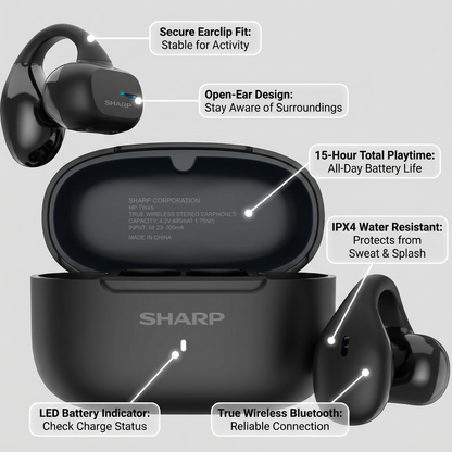 Infographic highlighting key features and benefits of the Sharp HP-TW45-BK open-ear wireless earbuds.