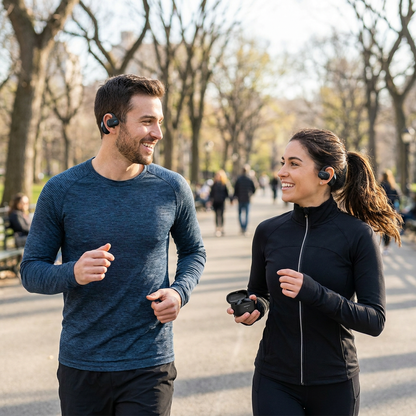 A lifestyle photograph showing a man and a woman smiling as they jog together in a sunny park, both wearing Black SHARP HP-TW45-BK open-ear earbuds and the woman holding the charging case.