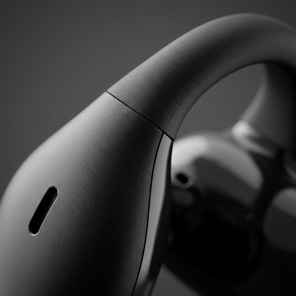 A macro shot highlighting the precise seam and fine matte texture on the earclip joint of the SHARP HP-TW45-BK earbuds.