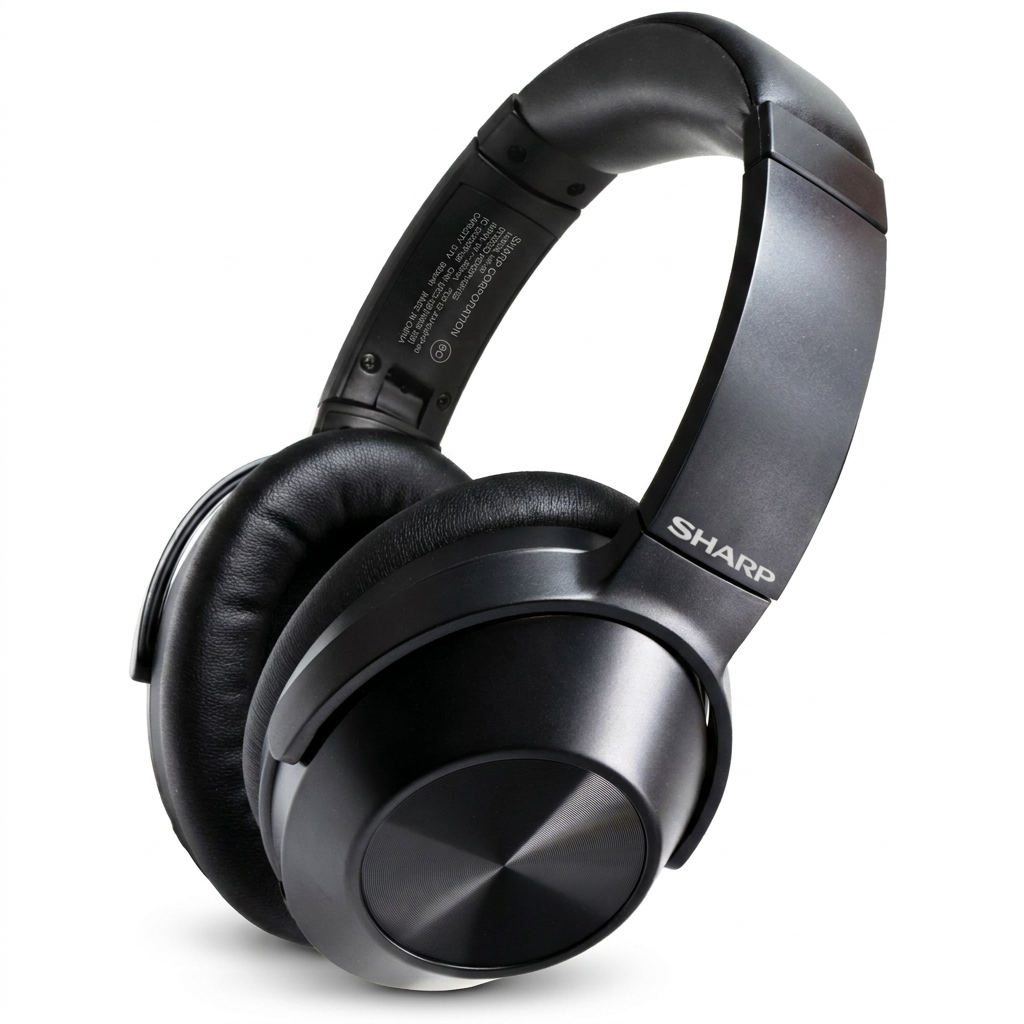 A high-resolution, pure white background hero shot of the Sharp HP-60 Over-Ear Wireless Headphones with Active Noise Cancellation.