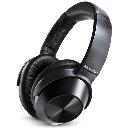 A high-resolution, pure white background hero shot of the Sharp HP-60 Over-Ear Wireless Headphones with Active Noise Cancellation.