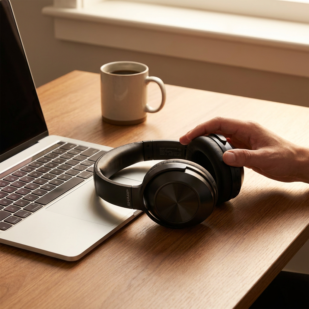 A person's hand reaches for the SHARP HP-60 headphones, which are placed on a wooden desk next to a silver laptop and a ceramic mug, illustrating their size.
