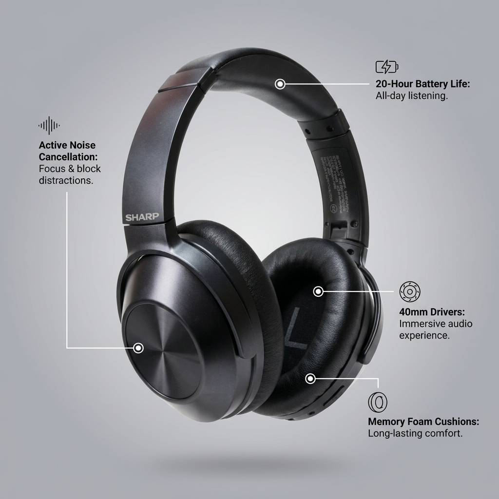 Sharp HP-60 headphones are shown with four feature callouts: Active Noise Cancellation, 20-Hour Battery Life, 40mm Drivers, and Memory Foam Cushions, each with a short benefit description.