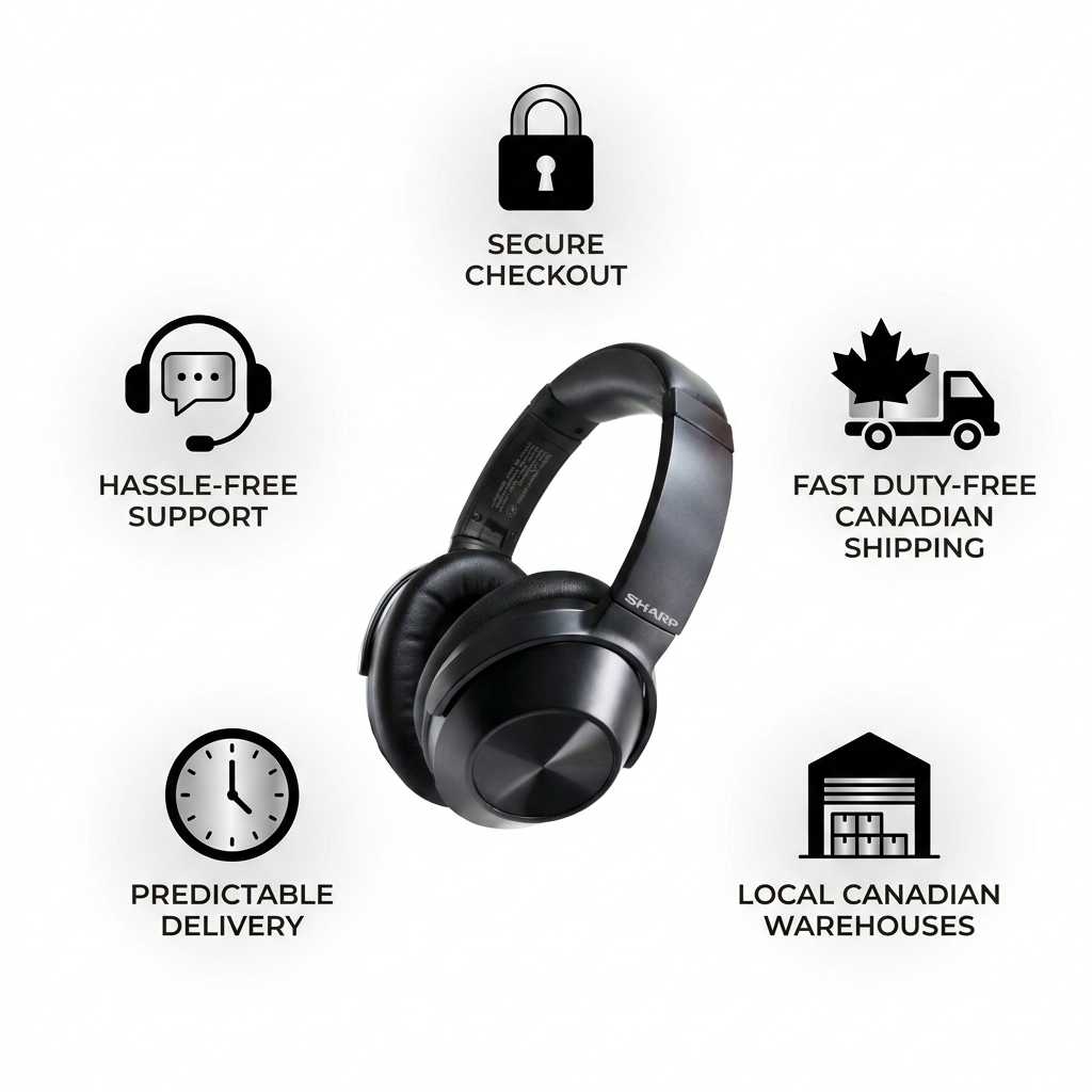 Infographic showing SHARP headphones centered, surrounded by five icons for secure checkout, fast Canadian shipping, local warehouses, predictable delivery, and hassle-free support.