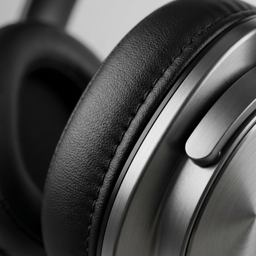 Macro shot of the SHARP HP-60 headphone earcup, showing the leatherette cushion and brushed metal details.
