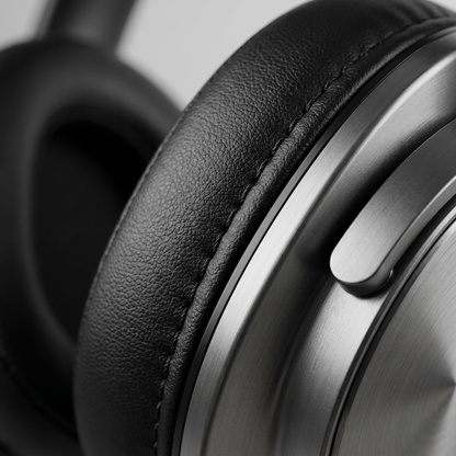 Macro shot of the SHARP HP-60 headphone earcup, showing the leatherette cushion and brushed metal details.