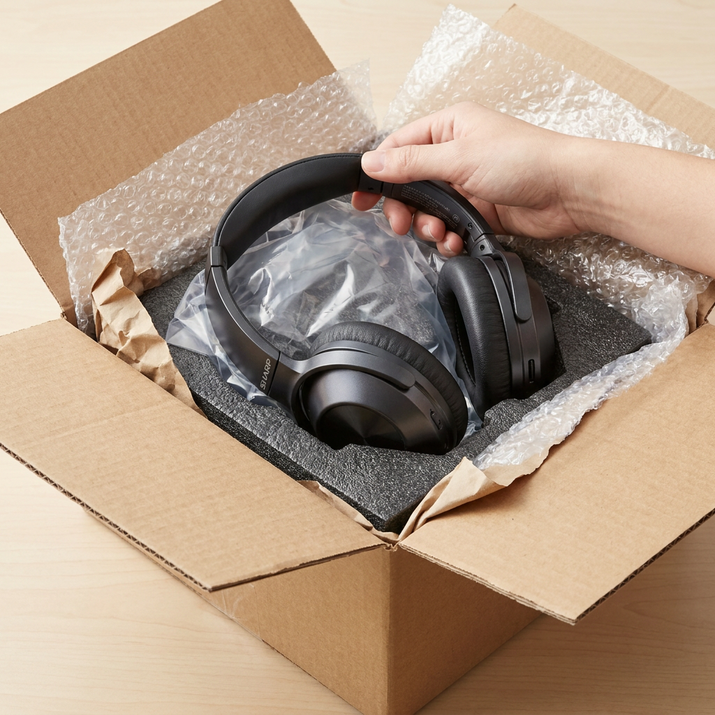 A hand removes the SHARP HP-60 wireless headphones from a secure brown shipping box. The headphones are protected by bubble wrap, brown paper, and a custom foam insert, demonstrating safe delivery.
