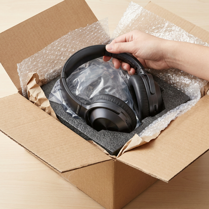 A hand removes the SHARP HP-60 wireless headphones from a secure brown shipping box. The headphones are protected by bubble wrap, brown paper, and a custom foam insert, demonstrating safe delivery.