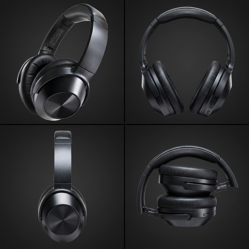 A four-panel visual matrix showing the black Sharp HP-60 over-ear wireless headphones. Clockwise from top left: a three-quarter view, a full front view, a folded configuration, and a side profile view, all on a dark grey background.
