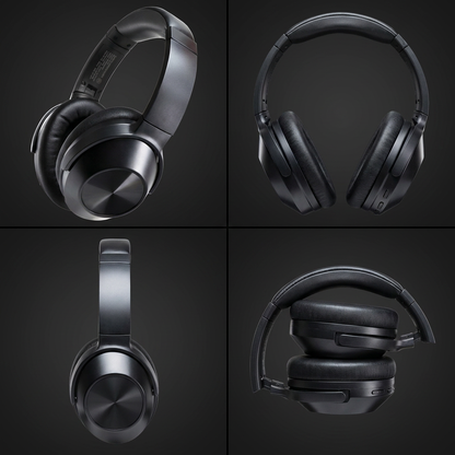 A four-panel visual matrix showing the black Sharp HP-60 over-ear wireless headphones. Clockwise from top left: a three-quarter view, a full front view, a folded configuration, and a side profile view, all on a dark grey background.