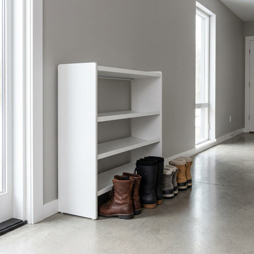 A white RAKABOT Titan 4-tier boot rack stands in a modern entryway, next to adult-sized winter boots for scale.